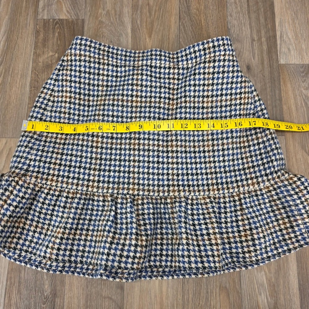 J.Crew Womens 2 Houndstooth Wool Mini Skirt Ruffle Hem Blue Brown Plaid Lined - Picture 9 of 11